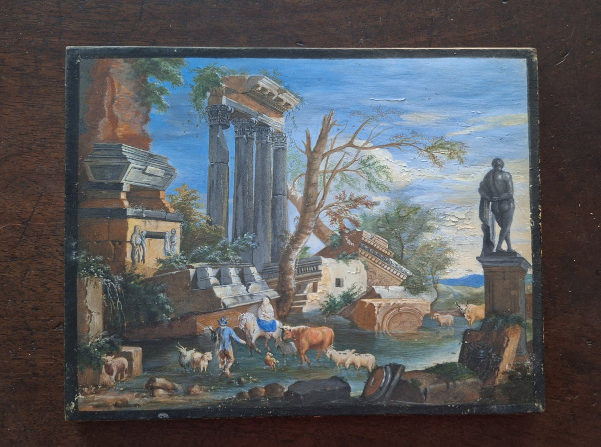 Tempera su pergamena, Capriccio architettonico con figure XVIII Sec.-photo-5