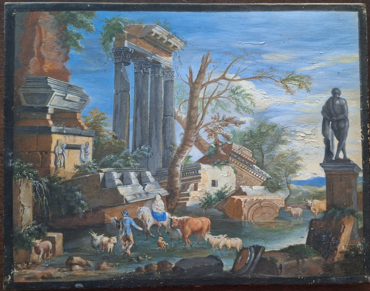 Tempera su pergamena, Capriccio architettonico con figure XVIII Sec.-photo-6