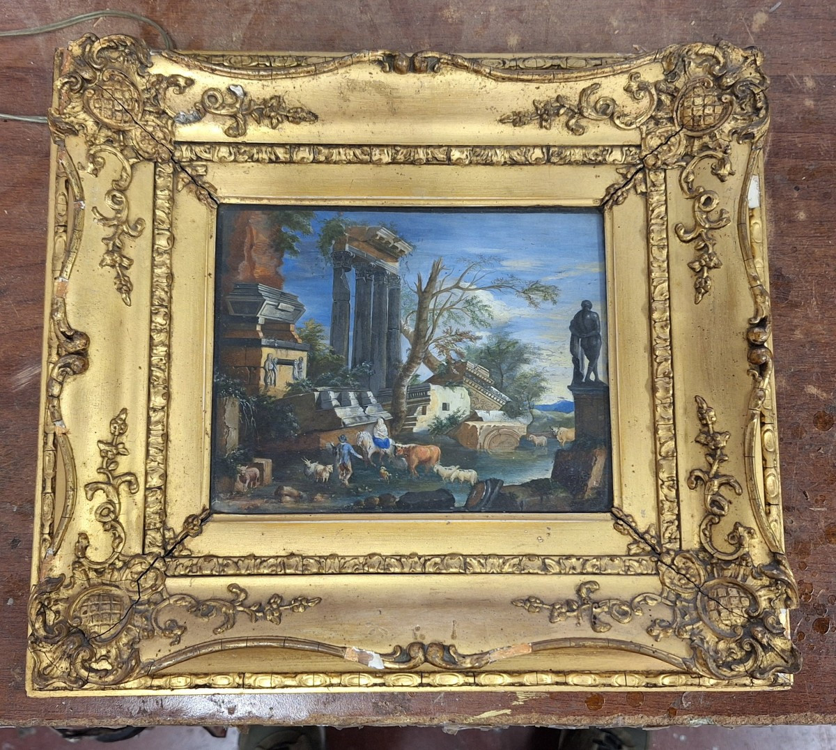 Tempera su pergamena, Capriccio architettonico con figure XVIII Sec.