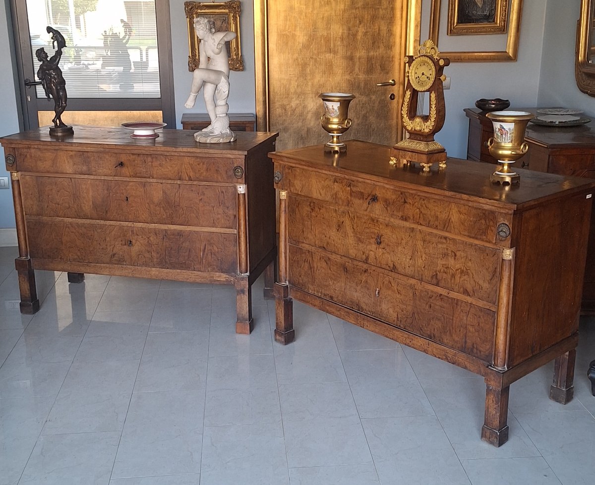 Coppia di cassettoni in stile Impero,a mezza colonna e fronte lastronato in noce-photo-2