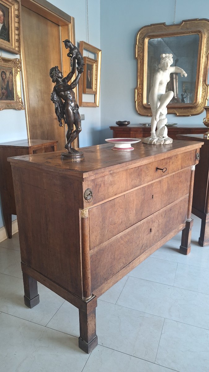 Coppia di cassettoni in stile Impero,a mezza colonna e fronte lastronato in noce-photo-4
