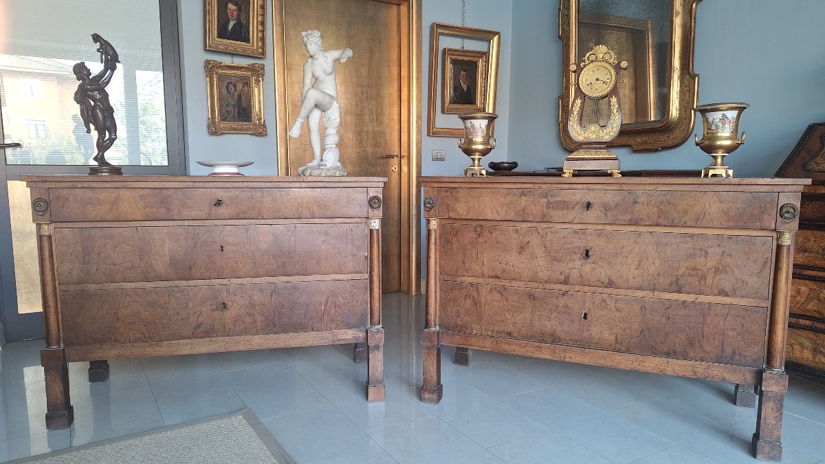 Coppia di cassettoni in stile Impero,a mezza colonna e fronte lastronato in noce