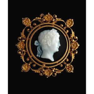 A 19th Century Gold Brooch Set With An Agate Cameo. Portrait Of An Emperor. 