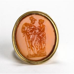 A Large Neoclassical Carnelian Intaglio Set In A Later Massive Gold Ring. Mars And Venus.