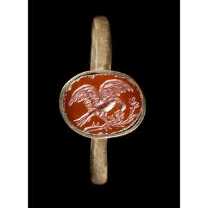 A Gold Ring Set With A Roman Red Jasper Intaglio. Eagle.