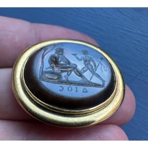 A Gold Brooch Set With A Late 18th C. Nicolo Intaglio — Youth And Satyr