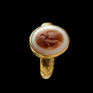 A 19th C. Gold Chiseled Signet Ring Set With A Roman Sardonyx Intaglio — Sphinx With Caduceus