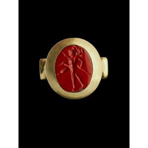 A High Carat Gold Ring Set With A Roman Red Jasper Intaglio. Mars Gradivus