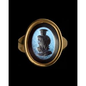 A Gold Ring With A Roman Nicolo Intaglio. Jupiter-serapis.