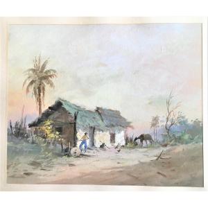 Landscape From Brazil, Gouache From The 19th, Trace Of Signature
