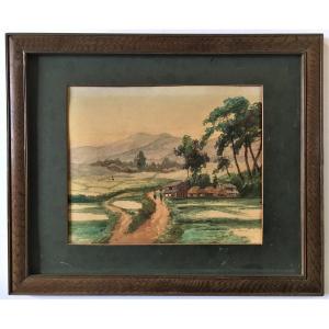 Indochina School / Viet-nam From The 19th Century, Watercolor Landscape Signed
