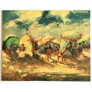 Antoine Bogey Born In 1943, "the Beach" Oil On Panel.