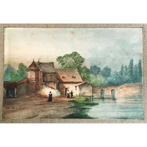 Alexandre Gabriel Decamps 1803/1860 Watercolor "landscape At The Mill"