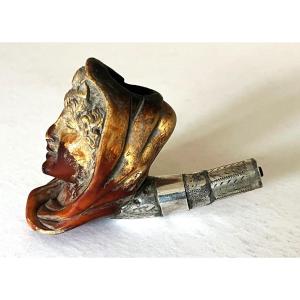 Silver Mounted Seafoam Pipe From The 19th Century, Goddess Or Woman In Antique