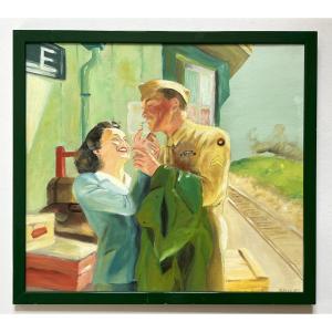 The Pin-up And The Soldier, Oil On Cardboard By Paul Bouchet, 1960s