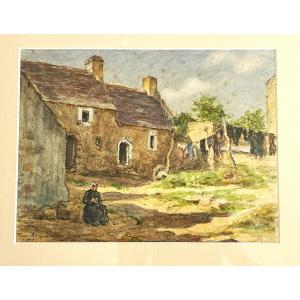 Paul Abram 1854/1924 "farm Near Douarnenez" Brittany, Watercolor From 1913.