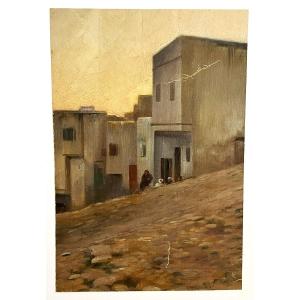 19th Century Orientalist Village, Oil On Canvas