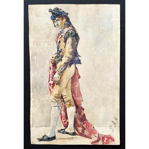 19th Century Spanish School, Matador, Watercolor, Monogrammed
