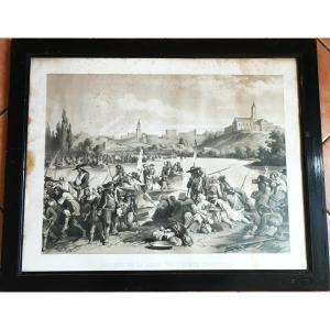 Wars Of The Vendée, "crossing The Loire..." Large 19th Century Lithograph, Lemercier Printing House