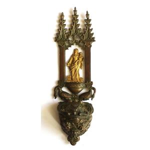 Restoration Period Holy Water Font, Neo-gothic Troubadour In Patinated And Gilded Bronze.