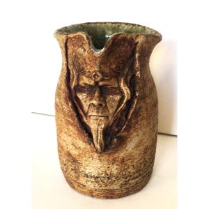 Stoneware Pitcher "mephistopheles", The Devil, From The 50s/60s, Signature To Be Identified