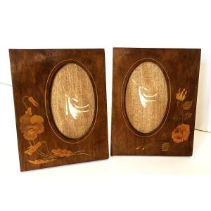 Pair Of Art Nouveau Photo Frames With Floral Marquetry Decoration