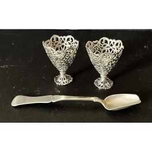Two Zarf And A Silver Spoon From 19th-century Ottoman Türkiye, With Tugras Hallmarks To Be Identified.