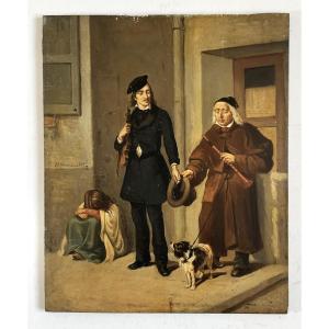 The Musician's Charity, 19th Century Oil On Panel, Signed.