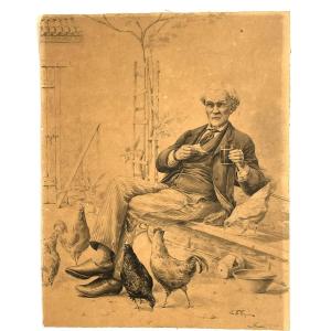 Mage Edouard Mathurin, Painter From Périgord, Wash Drawing "the Peasant And His Hens," Late 19th Century