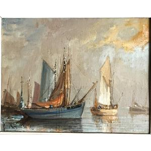 Breton Tuna Boats, By Martial Boré Around 1930, Oil On Panel.