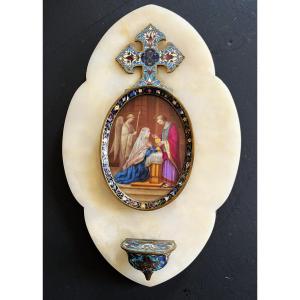 Holy Water Font In Painted Porcelain, Enamels, Onyx And Bronze, Dated 1891