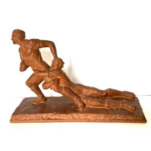 Ernest Diosi 1881/1937 "the Rugby Players" Terracotta, Art Deco Period, Circa 1930