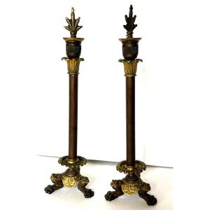 Pair Of Very Fine Restoration Period Candlesticks In Gilt And Patinated Bronze