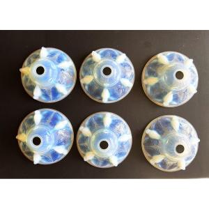 Boris Lacroix, Six Large Art Deco Tulips In Opalescent Glass Decorated With Parakeets