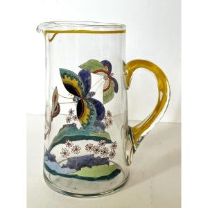 Art Deco Enameled Glass Pitcher With Butterfly Decoration