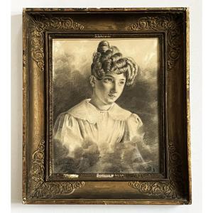 Charcoal Drawing, Portrait Of A Young Girl Dated 1821, Signed Cendrier