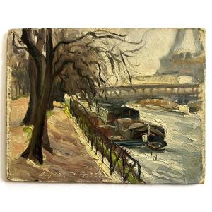 Paris, Banks Of The Seine In 1933 By Auguste Bernard, Oil On Cardboard