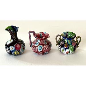 Murano, Three Miniature Vases In Milleflori Blown Glass