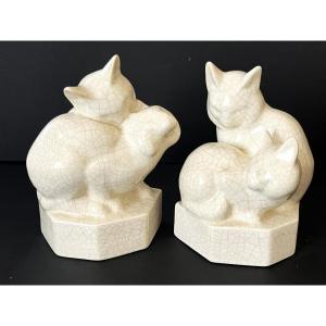 Crackled Ceramic Chats Bookend By Gabriel Beauvais, Circa 1930 Ed. Kaza