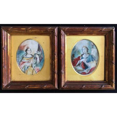 Catherine I Of Russia, Pair Of Miniatures, Gouaches On Vellum From The Eighteenth