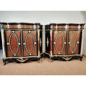 Pair Of Sideboards With Two Curved Doors In Boulle Marquetry