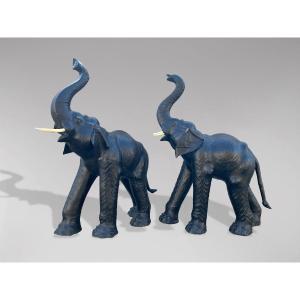 20th Century Pair Of Tall Leather Elephants