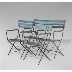 Set Of 4 French Painted Iron & Wood Garden Armchairs