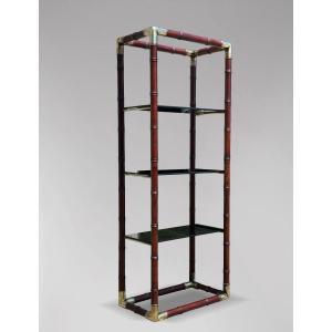 1980s Italian Faux Bamboo Mahogany Smoked Glass Shelf