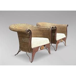 Pair Of 1970s Woven Rattan Lounge Armchairs