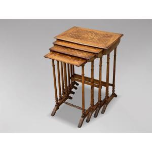 French Walnut Parquetry & Floral Inlay Nest Of Four Tables