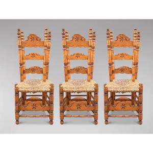 Set Of 6 Spanish Country Style Maple Dining Chairs