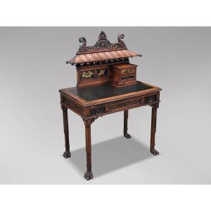 19th Century Chinese Chippendale Carved Pagoda Top Writing Table