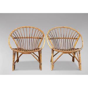 Pair Of Mid Century French Bamboo & Rattan Lounge Chairs