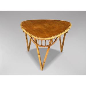 Mid Century French Triangle Bamboo & Rattan Side Table